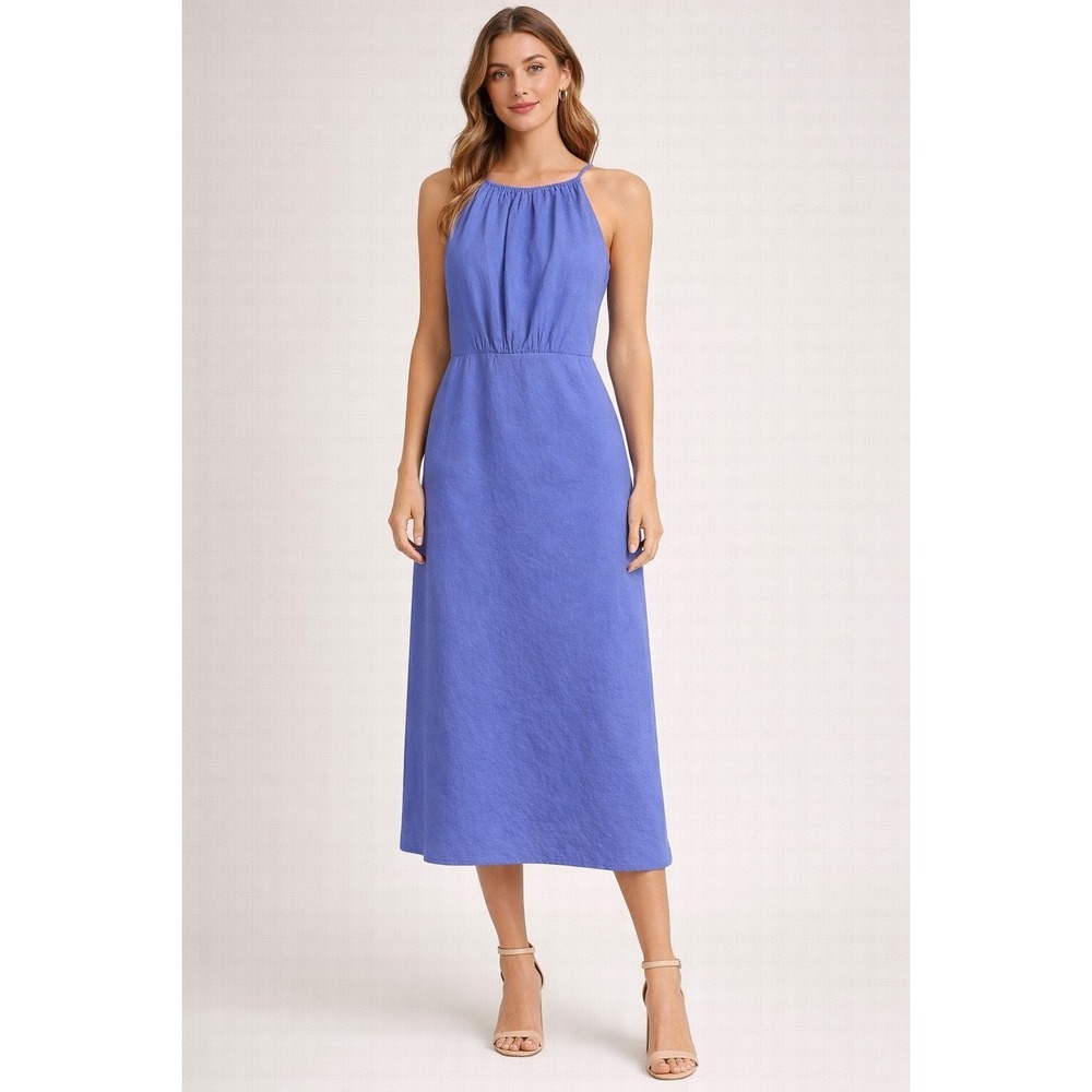 Banana Republic Linen Blend High Neck Midi Dress Santa Monica Blue Sz 8 $150
